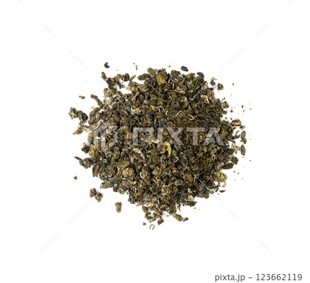 Yunnan Bi Luo Chun green tea leaves balls isolated, dry fresh herbal tea pile, healthy drink ingredient 123662119