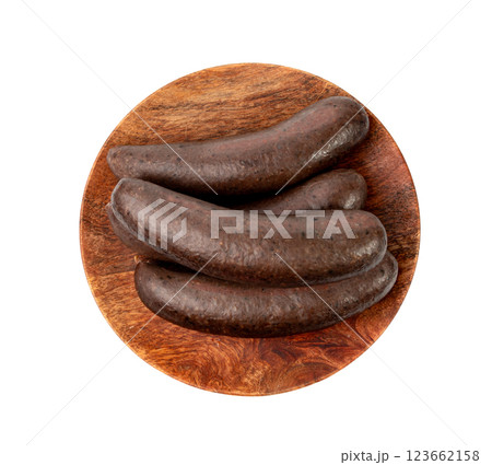 Black pudding isolated, blood sausage kaszanka, traditional Polish terrine, brawn sausages on white Black pudding isolated, blood sausage kaszanka, traditional Polish terrine, brawn sausages on white 123662158