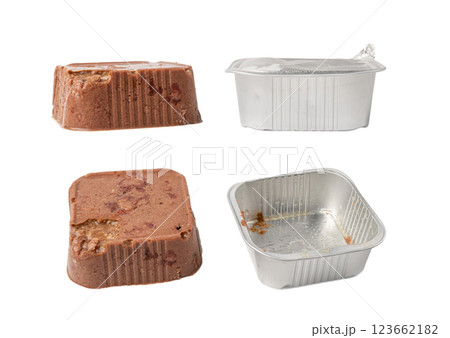 Pet Food, Wet Food for Cats, Dog Canned Pate, Soft Pet Food on White Pet Food, Wet Food for Cats, Dog Canned Pate, Soft Pet Food on White 123662182