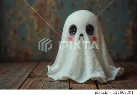 portrait of a cute little ghost in autumn decoration, Halloween holiday theme portrait of a cute little ghost in autumn decoration, Halloween holiday theme 123662301