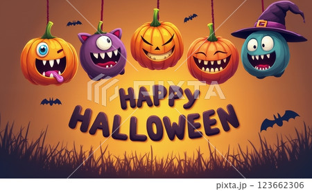 illustration of Halloween decorations with pumpkins and monster faces on a brown color background illustration of Halloween decorations with pumpkins and monster faces on a brown color background 123662306