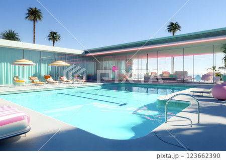 mid-century swimming pool, generative AI 123662390