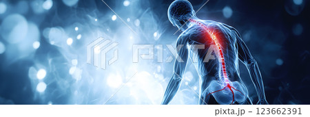 back pain in a human body, banner, generative AI 123662391