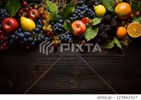 still life with bunches of grapes, berries and fresh and juicy fruits against a dark old wooden background, rural vintage style, the concept of fresh and healthy food 123662427