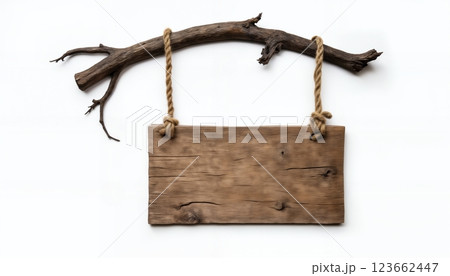 an empty wooden sign board hanging on a branch, on a white background, old and weathered plaque 123662447