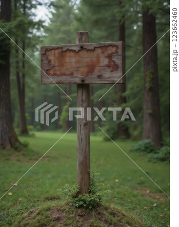 an empty sign board on the background of a forest, made of wood, old and weathered plaque 123662460