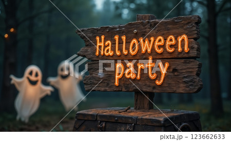 A banner for Halloween party in a dark forest near a glade where ghosts celebrate and have fun, an inscription on a wooden board in vintage style, moonlight and a fabulous atmosphere 123662633