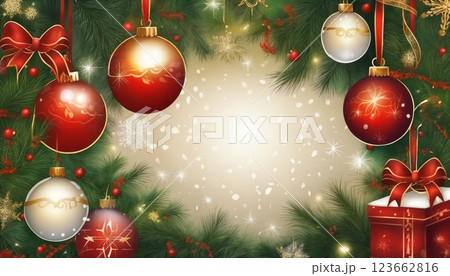 Christmas decorations and gifts and garland on a wall background for new year celebrations, winter fairy tale 123662816
