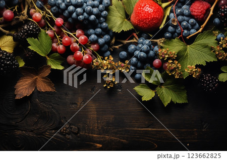 still life with bunches of grapes, berries and fresh and juicy fruits against a dark old wooden background, rural vintage style, the concept of fresh and healthy food 123662825