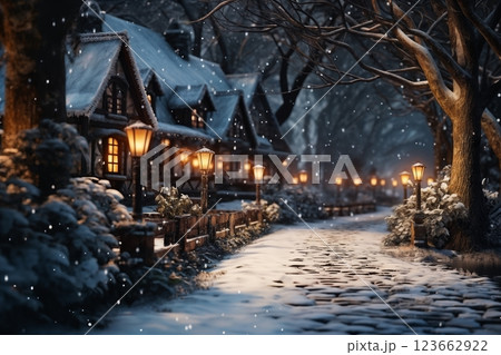 a city street on a winter night, snow covered houses and trees, the light of lanterns, facades of houses decorated for Christmas or New Year, festive environment a city street on a winter night, snow covered houses and trees, the light of lanterns, facades of houses decorated for Christmas or New Year, festive environment 123662922