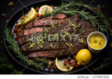 grilled meat with potatoes, and vegetables and herbs cooked on fire as a barbecue, delicious food 123662928