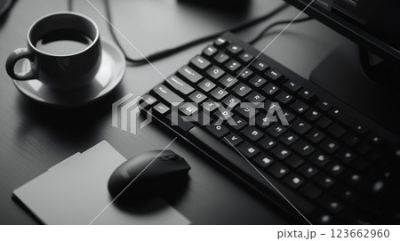 デスク上のキーボードとコーヒーカップ 123662960