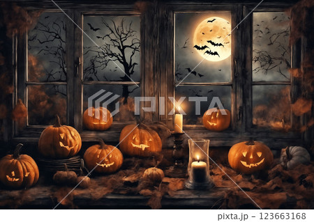 halloween holiday decorations, jack o lantern pumpkins and candles on a windowsill, flying bats outside the window, moonlit night, scary, dark magic 123663168