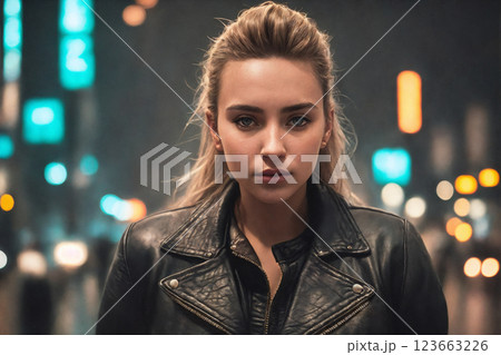 A beautiful woman portrait, night city as background. Generative AI. A beautiful woman portrait, night city as background. Generative AI. 123663226