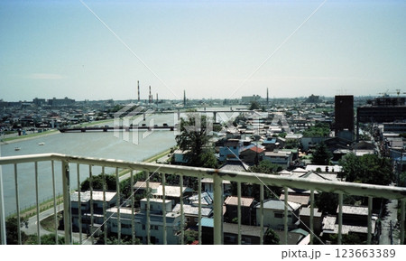 古写真　1982年9月　東京　足立区　中川沿いの住宅街のパノラマ 123663389