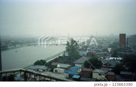 古写真　1982年9月　東京　足立区　中川沿いの住宅街のパノラマ 123663390