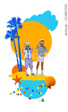 Children dressed as sailors, capturing seaside memories with vintage cameras against tropical palm background. Children dressed as sailors, capturing seaside memories with vintage cameras against tropical palm background. 123663391
