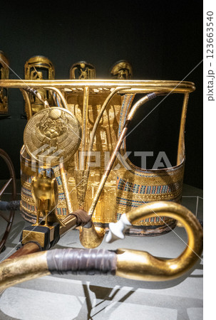 ツタンカーメン王の儀式用の戦車と儀式用楯 123663540