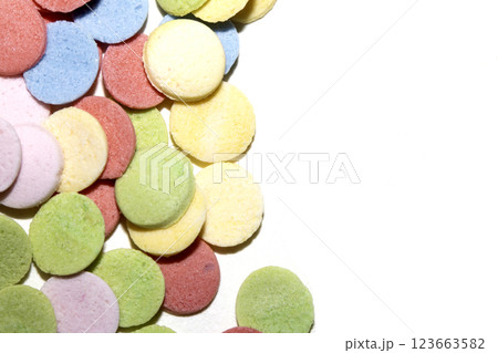 Close up of sugar paper confetti circle spots and colour dots on white background 123663582