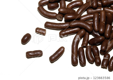 Close up of chocolate cake ice cream decoration strands sugar cocoa on white background 123663586