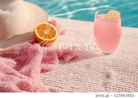 A glass filled with pink beverage decorated with a hat, pink towel, a mesh bag on the scarf. Concept of recovery, sun protection and moisturizing product with vacant space 123663683