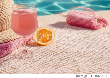 A glass filled with pink beverage decorated with a hat, pink towel, a mesh bag on the scarf. Concept of recovery, sun protection and moisturizing product with vacant space A glass filled with pink beverage decorated with a hat, pink towel, a mesh bag on the scarf. Concept of recovery, sun protection and moisturizing product with vacant space 123663685