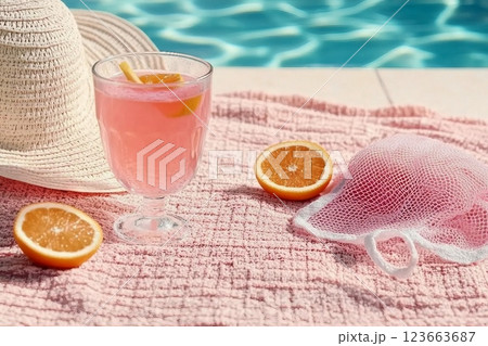 A glass filled with pink beverage decorated with a hat, pink towel, a mesh bag on the scarf. Concept of recovery, sun protection and moisturizing product with vacant space 123663687