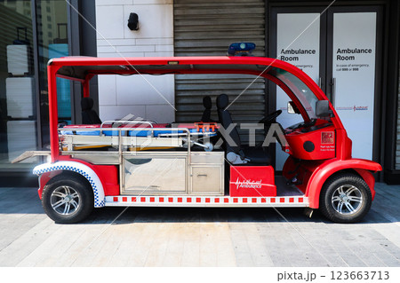 Dubai, United Arab Emirates - September 24, 2024 A small medical ambulance on the beach of JBR. Editorial Dubai, United Arab Emirates - September 24, 2024 A small medical ambulance on the beach of JBR. Editorial 123663713