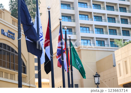 Dubai, United Arab Emirates - September 24, 2024 Flags of different countries at the entrance to the Rotana hotel. Editorial Dubai, United Arab Emirates - September 24, 2024 Flags of different countries at the entrance to the Rotana hotel. Editorial 123663714