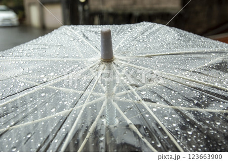 雨に濡れたビニール傘の表面 雨に濡れたビニール傘の表面 123663900