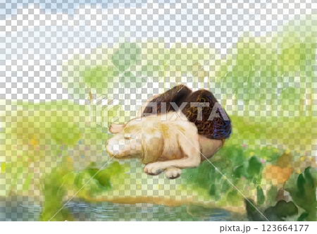 想像中的動物：一隻長著翅膀的狗在白天的森林裡睡覺 123664177