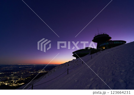 Violet sky over snowy mountains, weather forecase concept. Stunning landscape Violet sky over snowy mountains, weather forecase concept. Stunning landscape 123664231