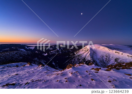 Heavenly mountain peak at dawn, idyllic landscape. Night hike concept 123664239