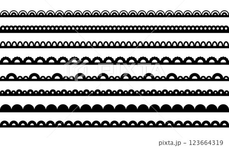 Lace scallop on fabric edge. Pattern border for frame. Ornamental line for wedding invitation design. Collection of black vector elements isolated on white background. 123664319