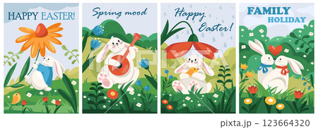 Set of banners with cartoon rabbits for Easter holiday. Vector flyers or greeting card collection. Happy Easter bunnies the symbols of spring fest. Hand drawn invitations, postcard or painted images. 123664320