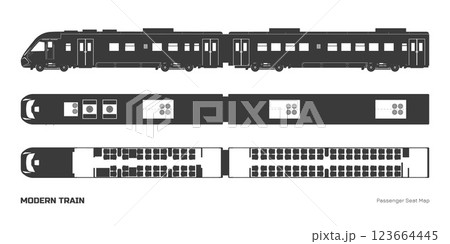 Black silhouette of modern train passenger seat map. Locomotive model top and side view. Rail transport interior scheme. Isolated express template Black silhouette of modern train passenger seat map. Locomotive model top and side view. Rail transport interior scheme. Isolated express template 123664445