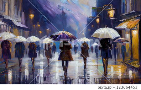 幻想的な景色と雨の中を歩く人々 幻想的な景色と雨の中を歩く人々 123664453