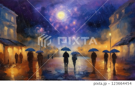 幻想的な景色と雨の中を歩く人々 幻想的な景色と雨の中を歩く人々 123664454