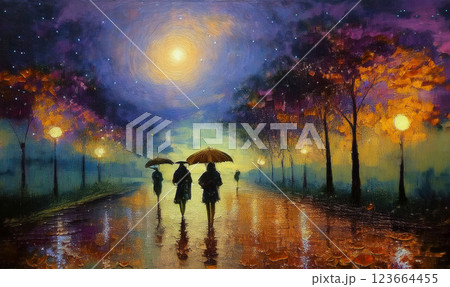 幻想的な景色と雨の中を歩く人々 幻想的な景色と雨の中を歩く人々 123664455