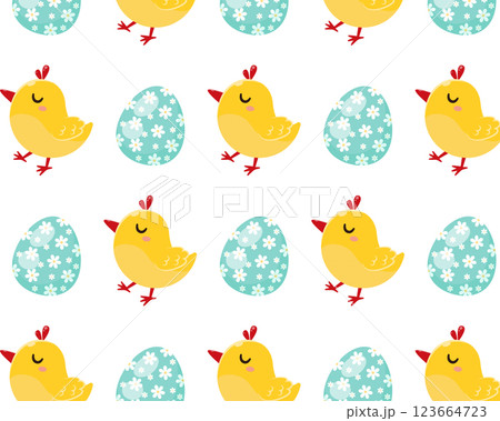 Chickens and easter eggs. Vector pattern in cartoon style 123664723