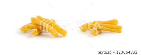 Casarecce pasta isolated, dry traditional macaroni, raw casarecce, wheat noodles, Italy cuisine ingredient 123664832