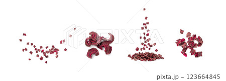 Falling Dry beetroot pile isolated. Flying Dried diced red beet cubes, scattered small beet root 123664845