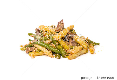 Stir Frying Beef with Green String Beans Isolated, Fried French Beans with Meat on White 123664906