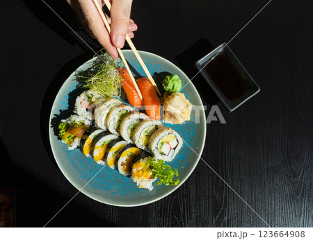 Sushi Plate, Fish Maki Rolls, Japan Seafood, Sushi Set, Asian Dinner, Tradition Nigiri Susi Sushi Plate, Fish Maki Rolls, Japan Seafood, Sushi Set, Asian Dinner, Tradition Nigiri Susi 123664908