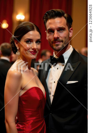 a couple in elegant evening dresses, a woman in a red dress, men in a tuxedo and bow tie, the red interior of a theater on a blurred background, a prestigious film award a couple in elegant evening dresses, a woman in a red dress, men in a tuxedo and bow tie, the red interior of a theater on a blurred background, a prestigious film award 123664928