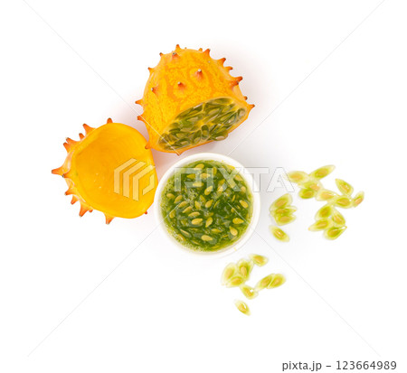 Kiwano seeds isolated, jelly melon, cucumis metuliferus, horned melon, african horned cucumber Kiwano seeds isolated, jelly melon, cucumis metuliferus, horned melon, african horned cucumber 123664989