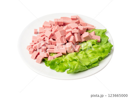 Diced Mortadella Slice Isolated, Luncheon Meat Cut, Chicken Ham Cubes, Boiled Sausage for Breakfast Diced Mortadella Slice Isolated, Luncheon Meat Cut, Chicken Ham Cubes, Boiled Sausage for Breakfast 123665000