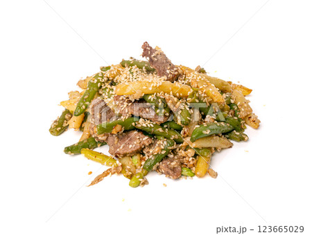 Stir Frying Beef with Green String Beans Isolated, Fried French Beans with Meat on White 123665029