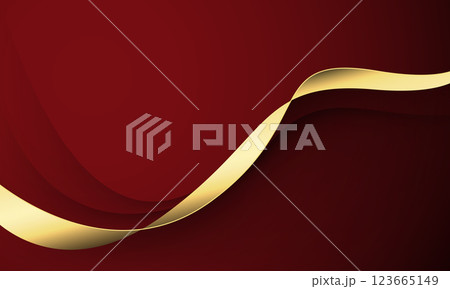 Abstract gold line ribbon curve overlap on red fabric wave design modern luxury elegant background vector 123665149
