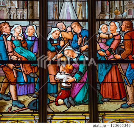 Stained glasses of the cathedral, Josselin, France Stained glasses of the cathedral, Josselin, France 123665349